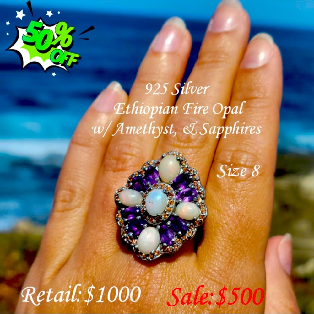 925 Sterling Silver Ethiopian Fire Opal, Amethyst & Sapphire Ring!
